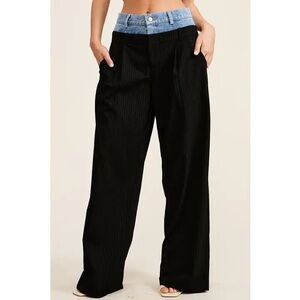 Stylish Black Wide Leg Pants with Denim Detail